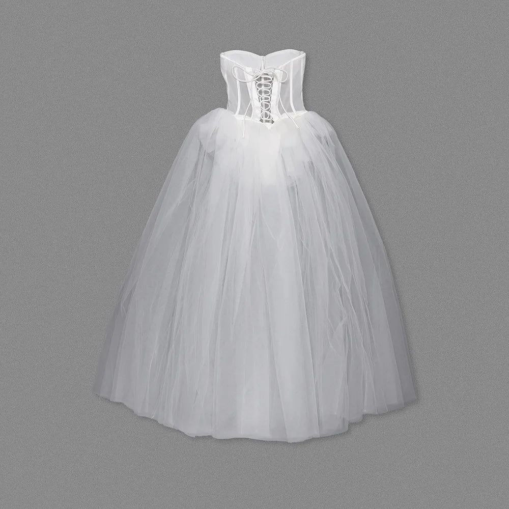Strapless Sweetheart Corset Boning Sheer Bodice Tulle Ballgown Maxi Dress
