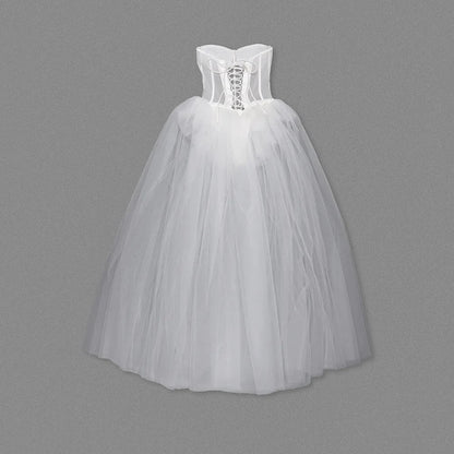 Strapless Sweetheart Corset Boning Sheer Bodice Tulle Ballgown Maxi Dress