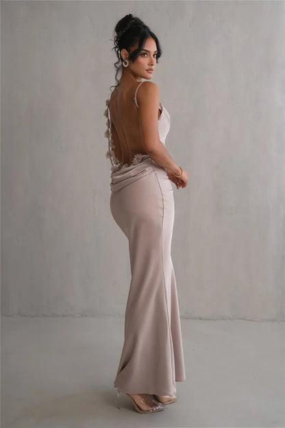 Spaghetti Strap Floral Applique Cowl Back Satin Maxi Dress