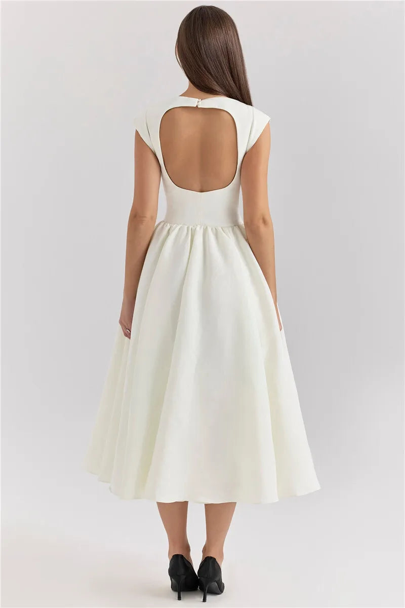 Boat Neck Cap Sleeve Pleated Waist Band Fit and Flare Midi Dress