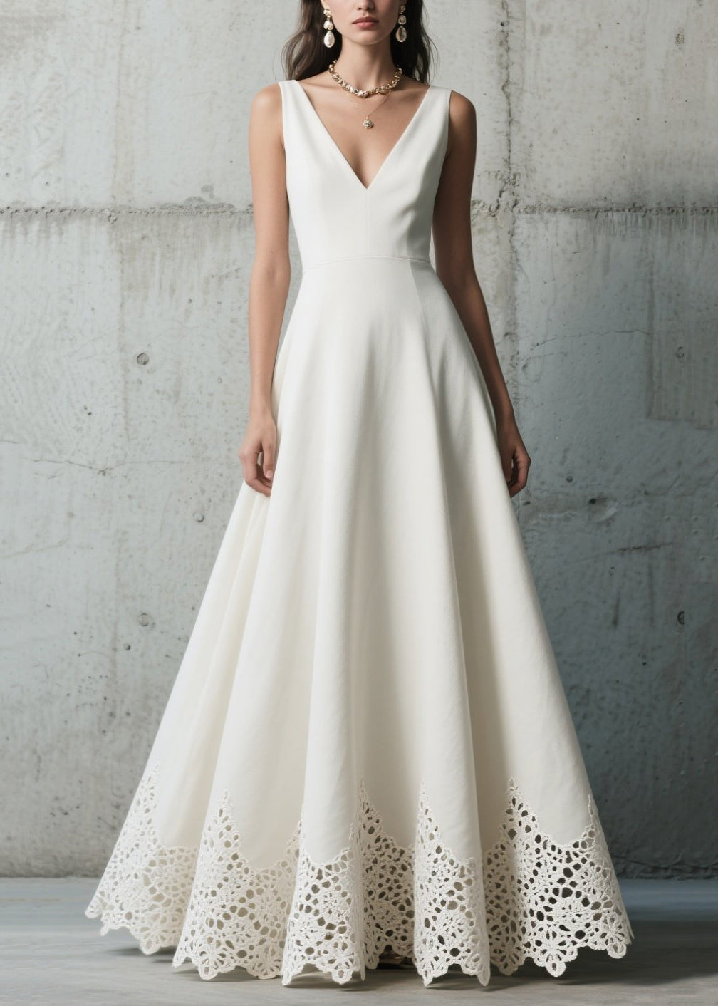 Deep V-Neck Sleeveless Crochet Lace Hem A-Line Floor-Length Gown