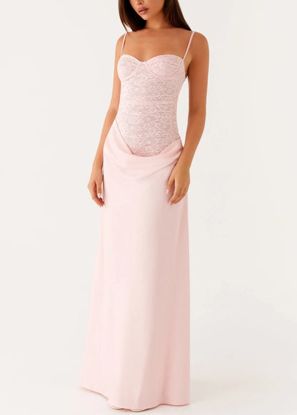 Sweetheart Neck Spaghetti Strap Lace Corset Basque Waist Cowl Skirt Maxi Dress
