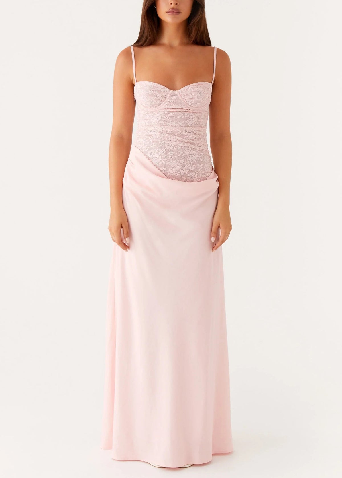 Sweetheart Neck Spaghetti Strap Lace Corset Basque Waist Cowl Skirt Maxi Dress