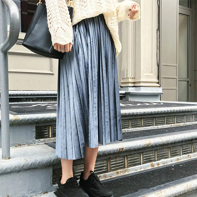 Metallic Pleated Silver High Waist Midi Dress