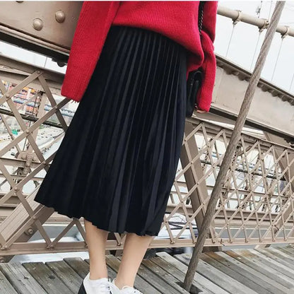 Metallic Pleated Silver High Waist Midi Dress