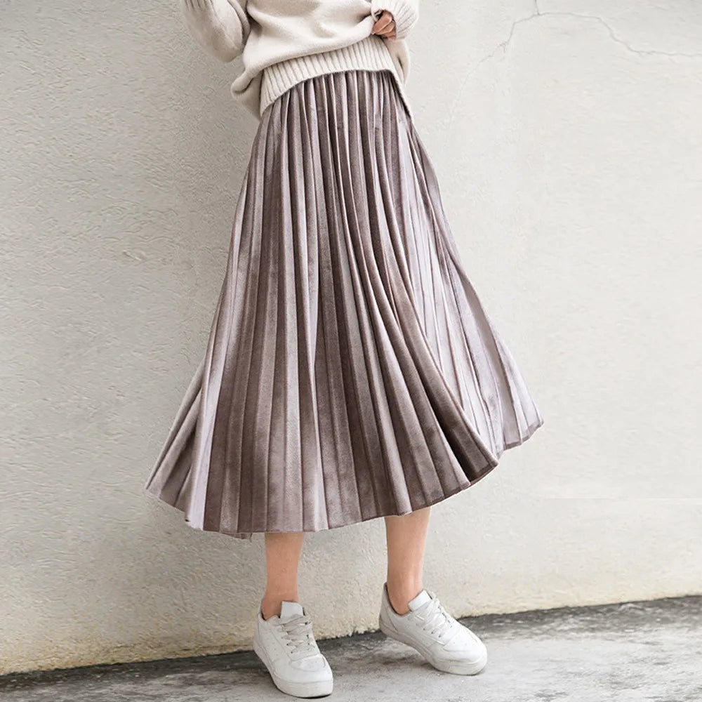 Metallic Pleated Silver High Waist Midi Dress