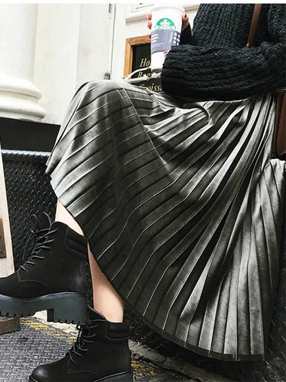 Metallic Pleated Silver High Waist Midi Dress