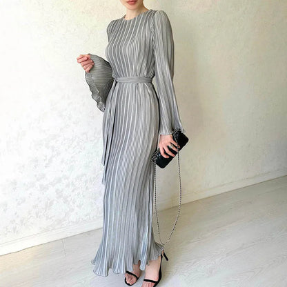 High Neck Accordion Pleat Bell Sleeve Belted Waist Shimmer Maxi Dress