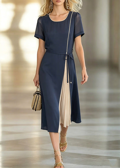 Round Neck Sheer Puff Sleeve Belted Pleated Insert Midi Dress