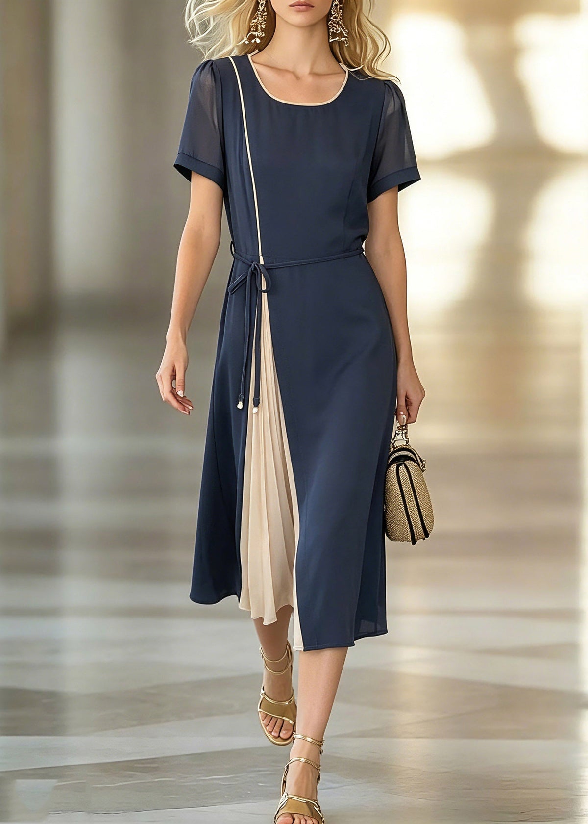 Round Neck Sheer Puff Sleeve Belted Pleated Insert Midi Dress