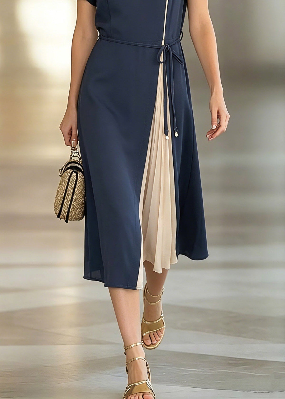 Round Neck Sheer Puff Sleeve Belted Pleated Insert Midi Dress