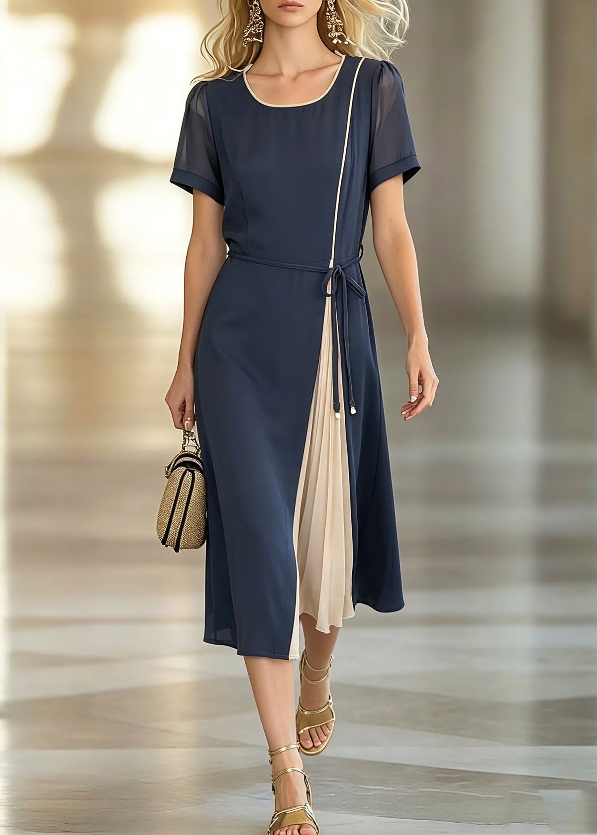 Round Neck Sheer Puff Sleeve Belted Pleated Insert Midi Dress