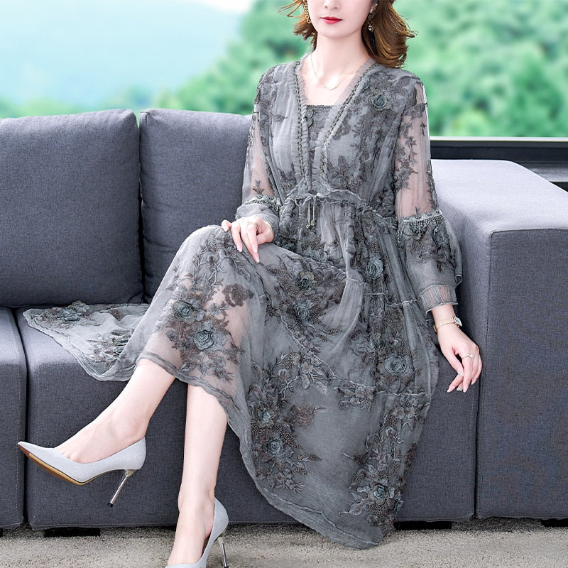 V-Neck 3D Floral Embroidered Tiered Bell Sleeve Drawstring Empire Midi Dress