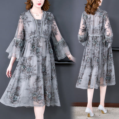 V-Neck 3D Floral Embroidered Tiered Bell Sleeve Drawstring Empire Midi Dress