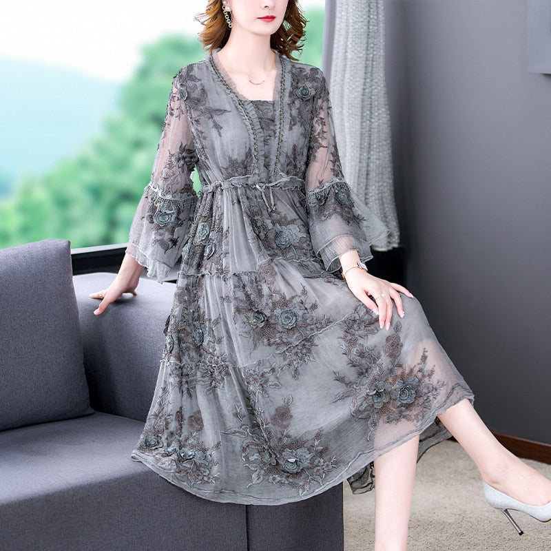 V-Neck 3D Floral Embroidered Tiered Bell Sleeve Drawstring Empire Midi Dress