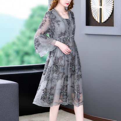 V-Neck 3D Floral Embroidered Tiered Bell Sleeve Drawstring Empire Midi Dress