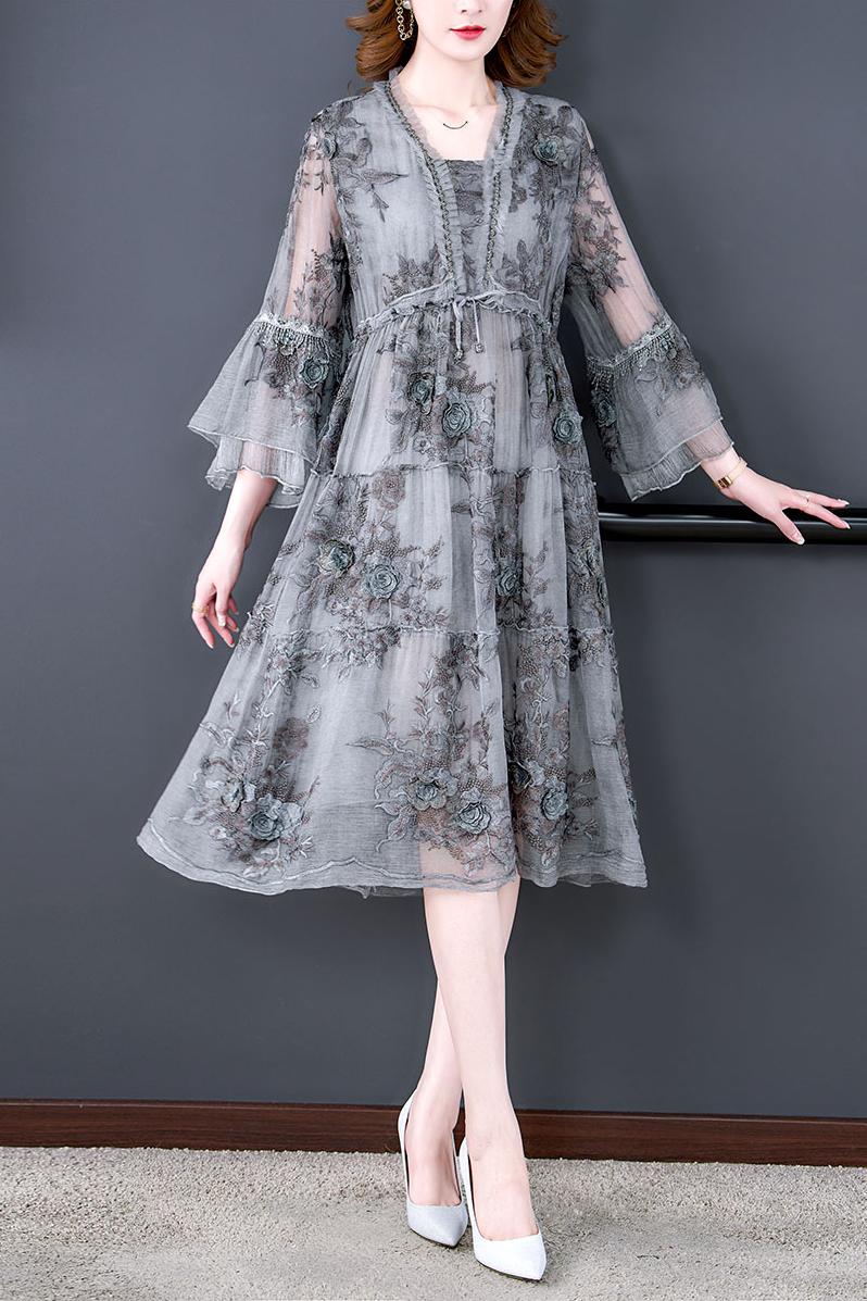 V-Neck 3D Floral Embroidered Tiered Bell Sleeve Drawstring Empire Midi Dress