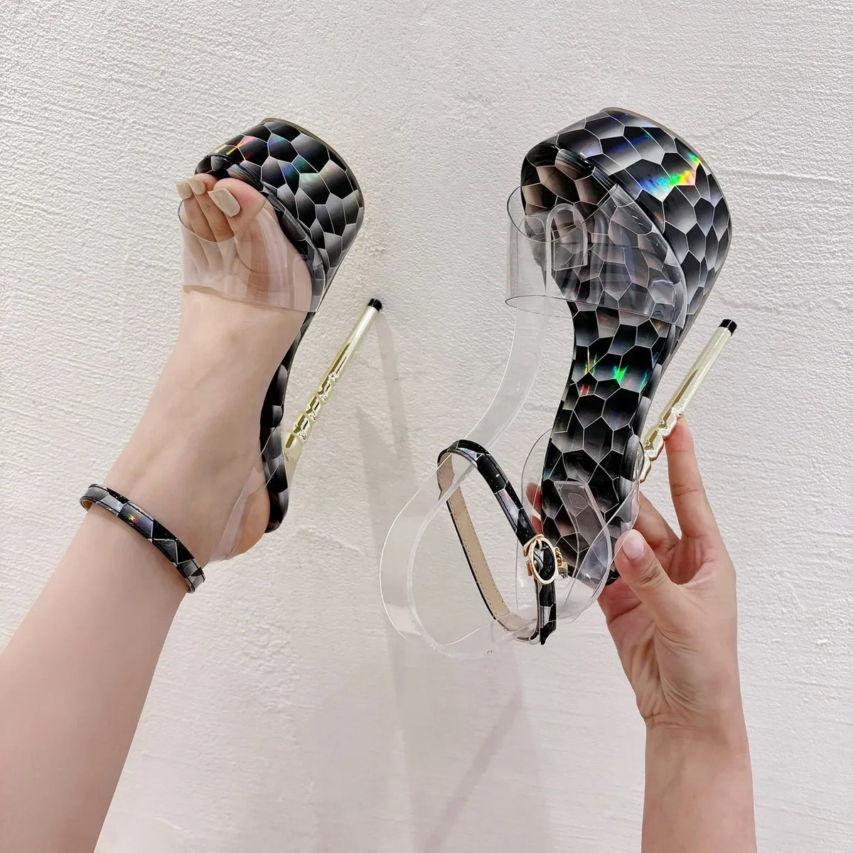 Summer Platform Sandals Peep Toe Transparent PVC Metal Thin High Heel High Heel