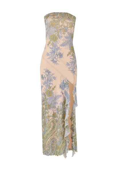 Strapless Floral Toile Print Thigh Slit Lettuce Hem Midi Dress