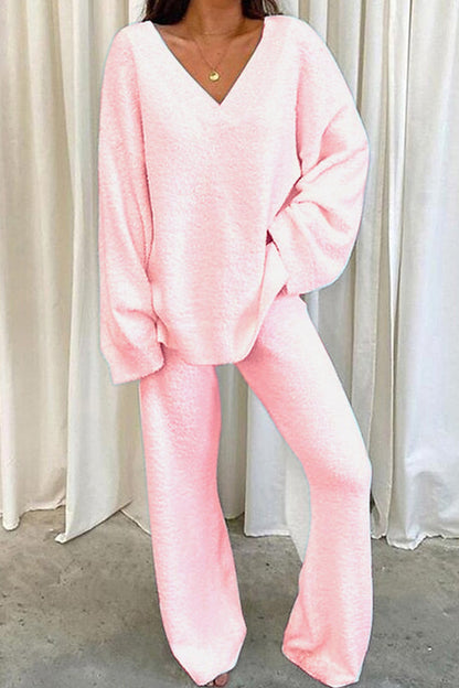 V Neck Solid Slit Hem Loungewear