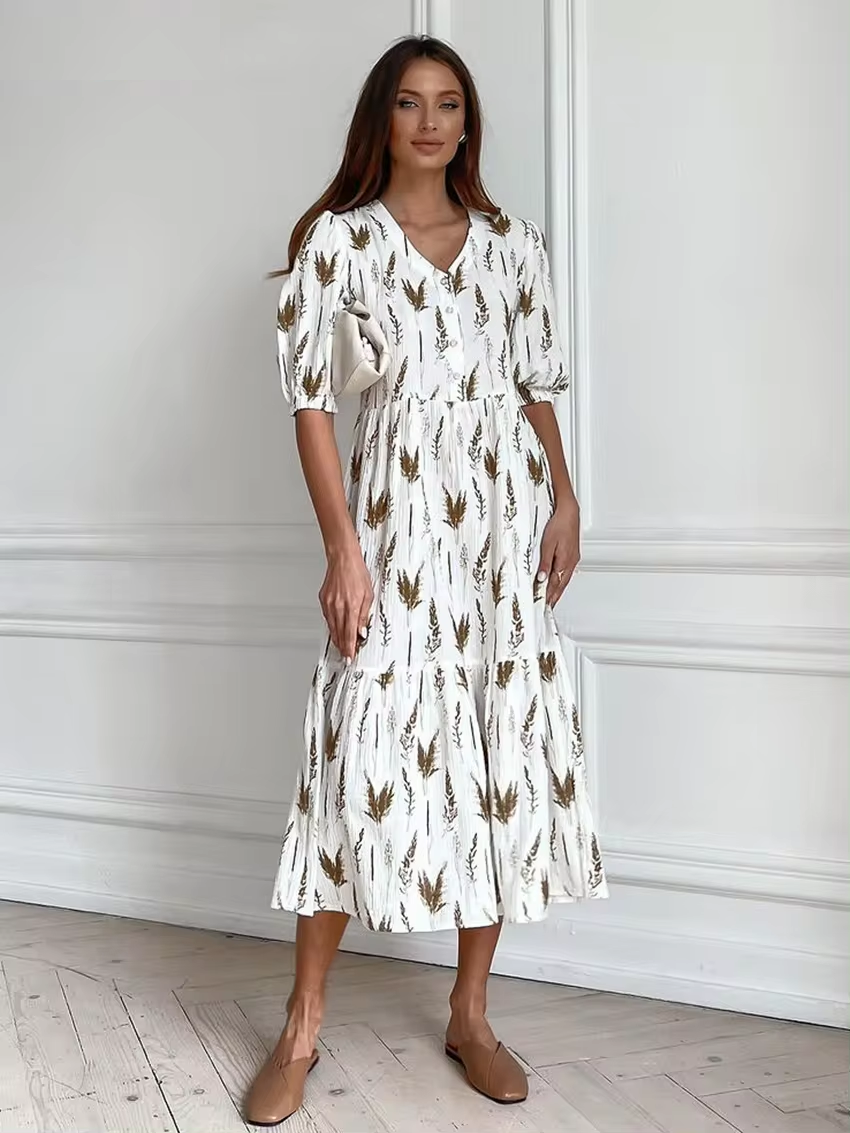 V-Neck Button Front Elbow Sleeve Botanical Print Double Tier Midi Dress