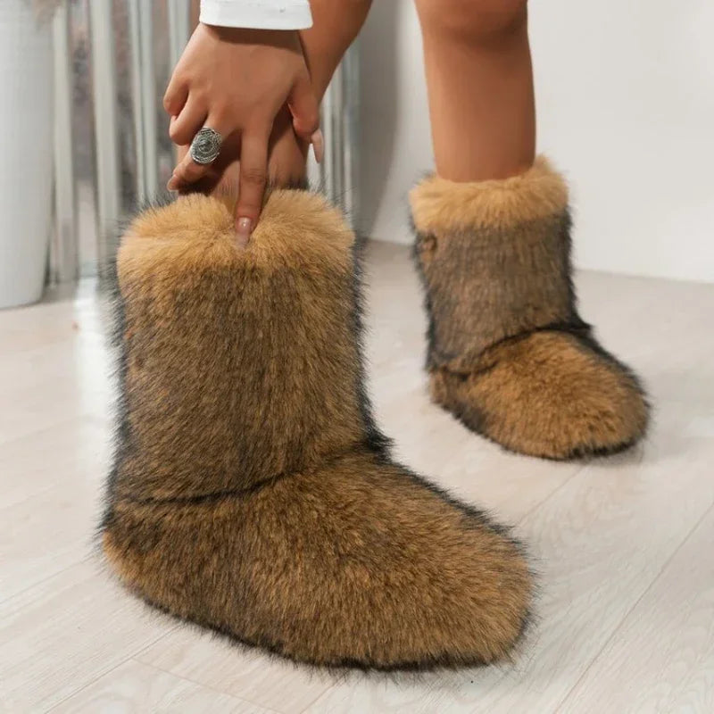 Winter Fuzzy Boots Women Furry Shoes Fluffy Fur Snow Boots Plush Lining Slip-on Rubber Flat Outdoor Bowtie Warm Ladies Footwe