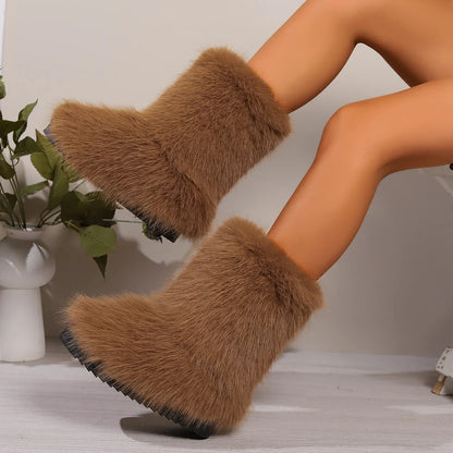 Winter Fuzzy Boots Women Furry Shoes Fluffy Fur Snow Boots Plush lining Slip-on Rubber Flat Outdoor Bowtie Warm Ladies Footwe