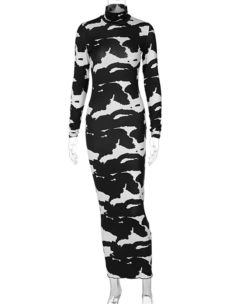 Abstract Blotch Print Mock Neck Long Sleeve Bodycon Maxi Dress