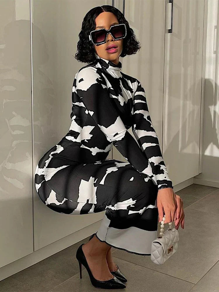 Abstract Blotch Print Mock Neck Long Sleeve Bodycon Maxi Dress