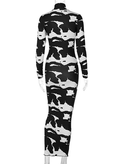 Abstract Blotch Print Mock Neck Long Sleeve Bodycon Maxi Dress