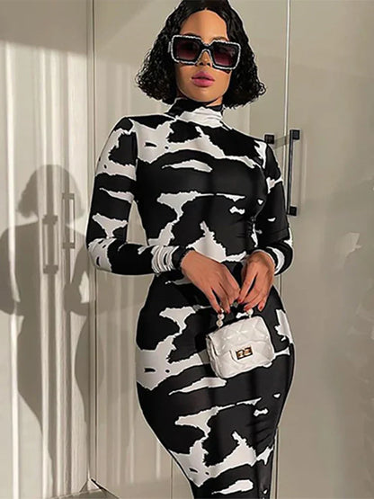 Abstract Blotch Print Mock Neck Long Sleeve Bodycon Maxi Dress
