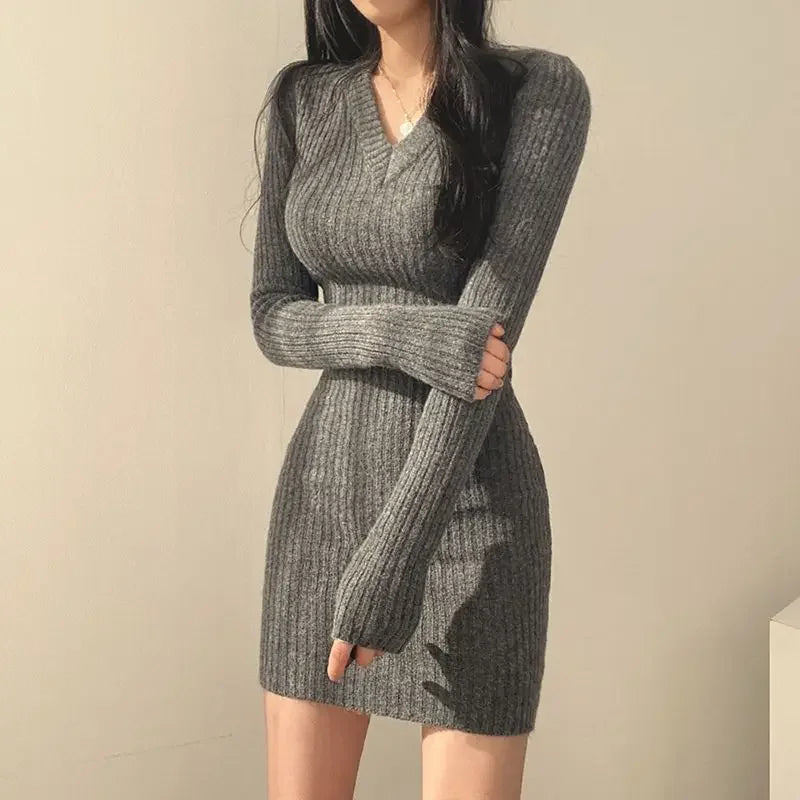 Women Knit V-Neck Long Solid Casual Sweater Autumn Winter Midi Dresses