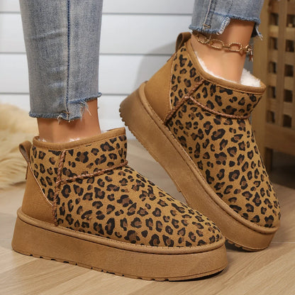 Women Leopard Print Boots2024 Winter Comfortable Warm Women Snow Boots Outdoor Non-slip Wear-resistant Fashion Plush Short Bo