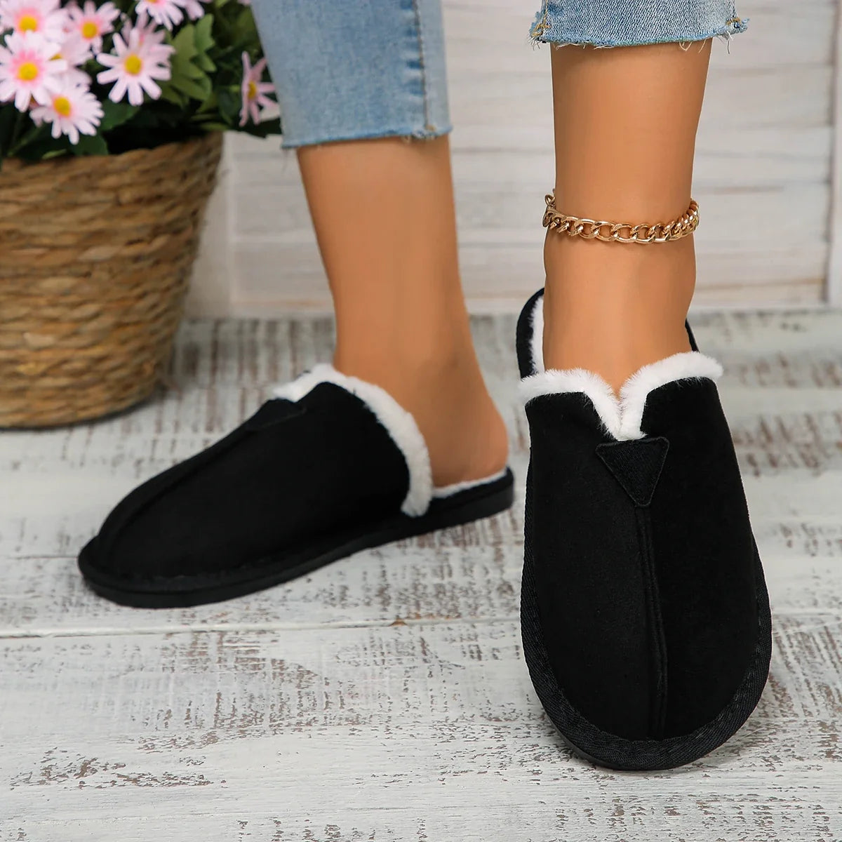 Women Warm Fur Cotton Slippers Flats Shoe Suede Winter Short Plush Luxury Fashion Casual Non-Slip Snow Boots Mujer Zapatos Mu
