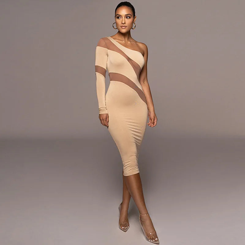 One Shoulder Mesh Panel Insert Long Sleeve Bodycon Midi Dress