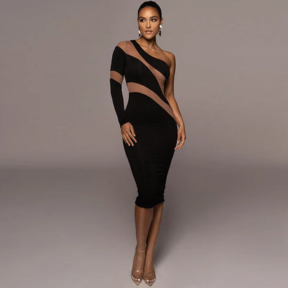 One Shoulder Mesh Panel Insert Long Sleeve Bodycon Midi Dress