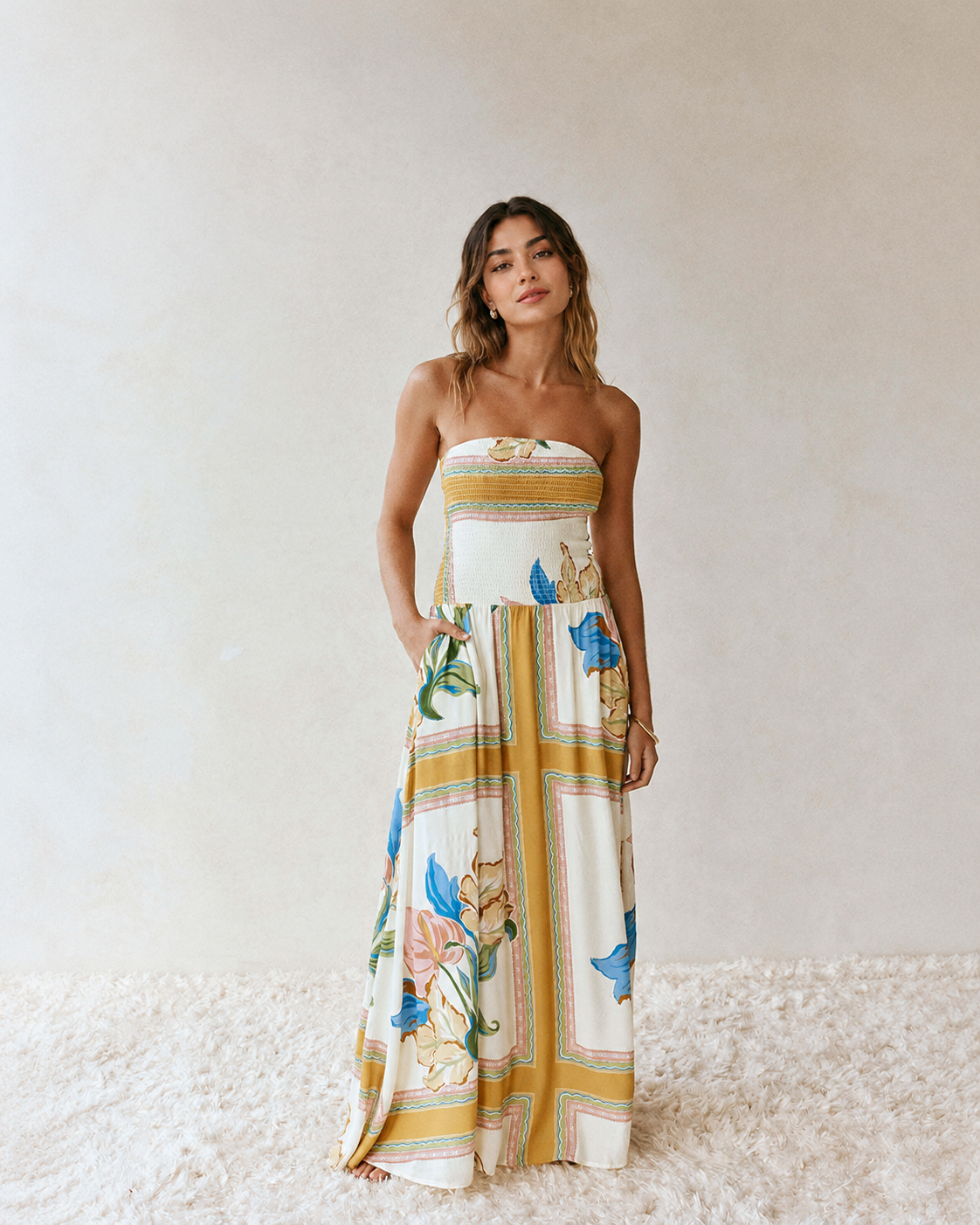 Women Long Dress Strapless Floral Holiday Print