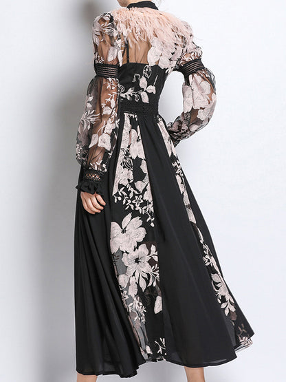 Feather Trim Neck Tie Long Sleeve Floral Embroidery Mesh Lattice Waist Midi Dress