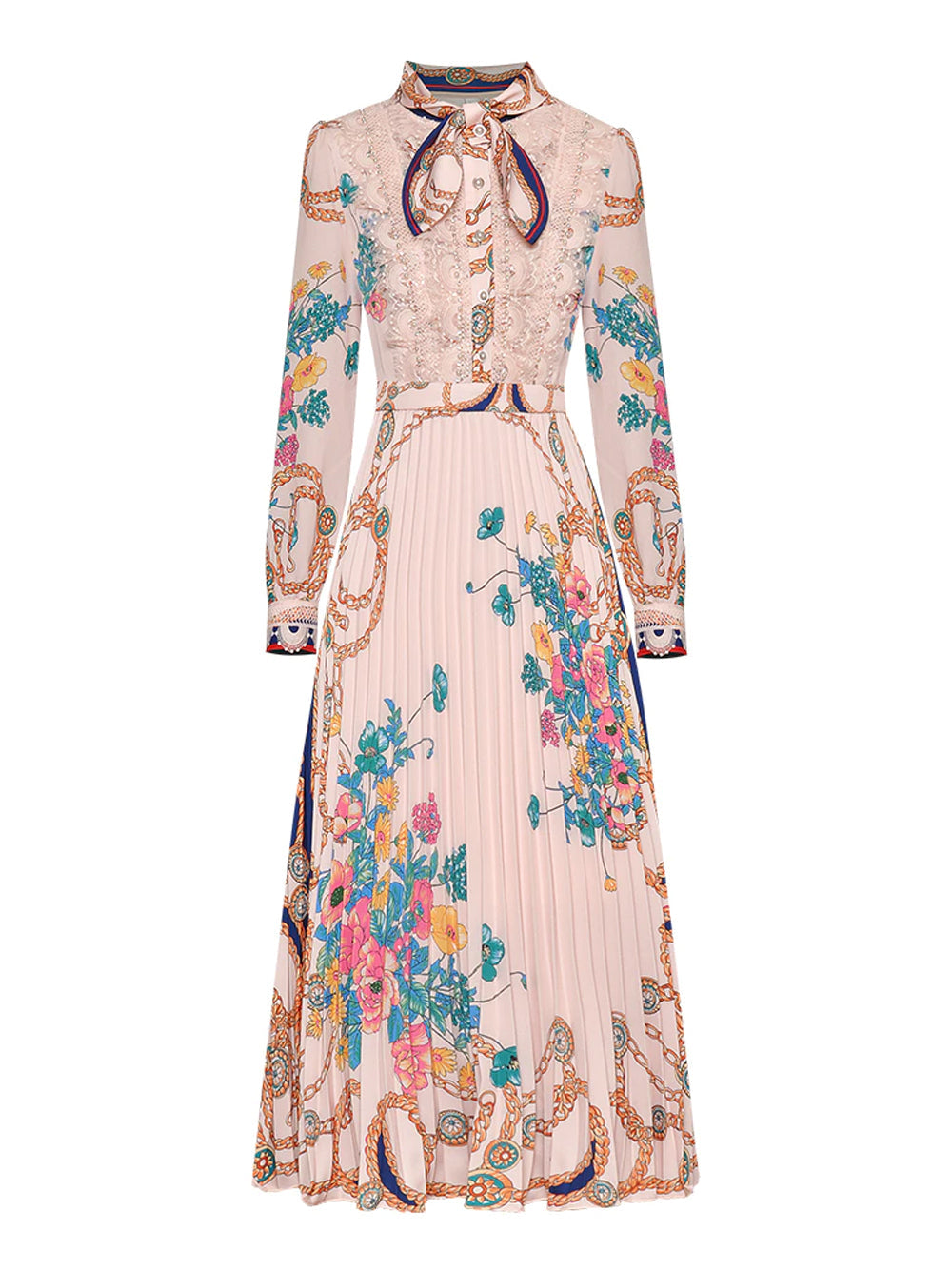 Tie Neck Lace Trim Bishop Sleeve Accordion Pleat Chain Floral Midi Dress
