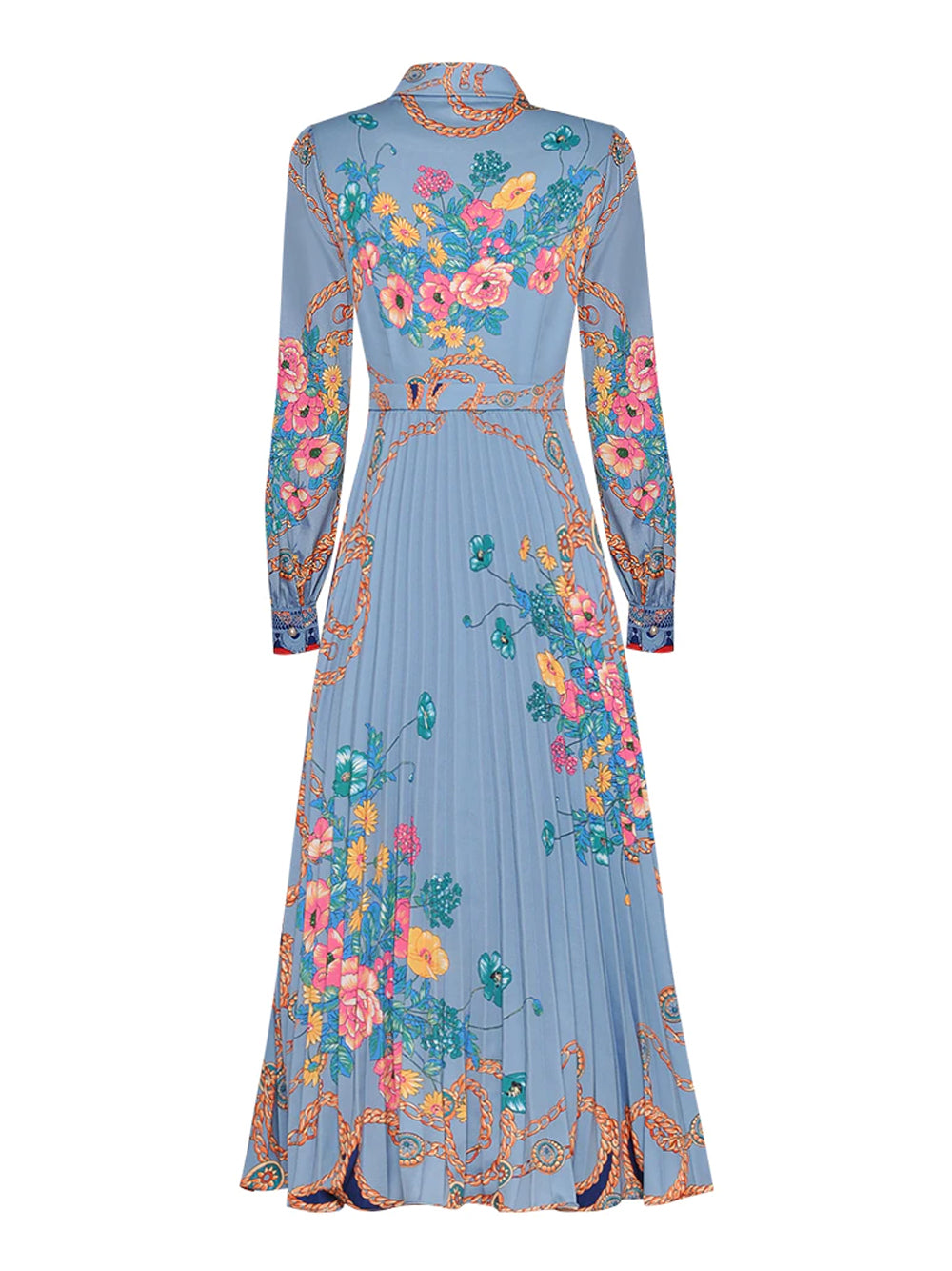 Tie Neck Lace Trim Bishop Sleeve Accordion Pleat Chain Floral Midi Dress