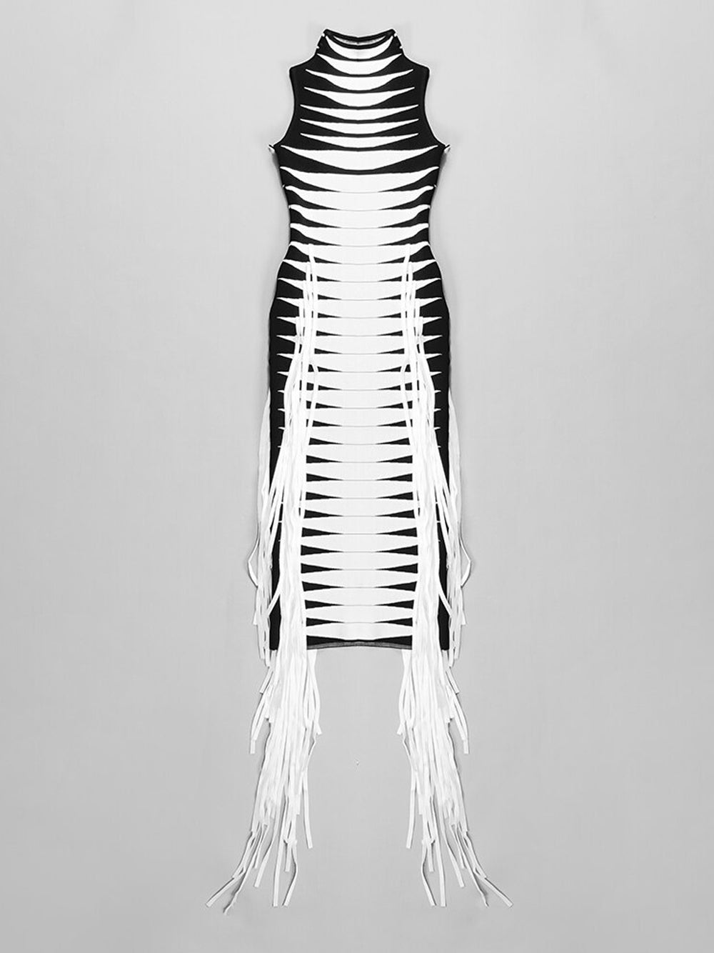 Mock Neck Sleeveless Graphic Stripe Side Fringe Bodycon Midi Dress