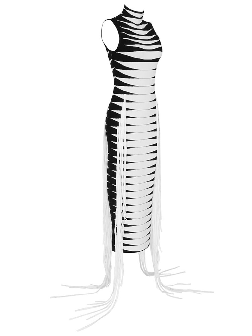 Mock Neck Sleeveless Graphic Stripe Side Fringe Bodycon Midi Dress