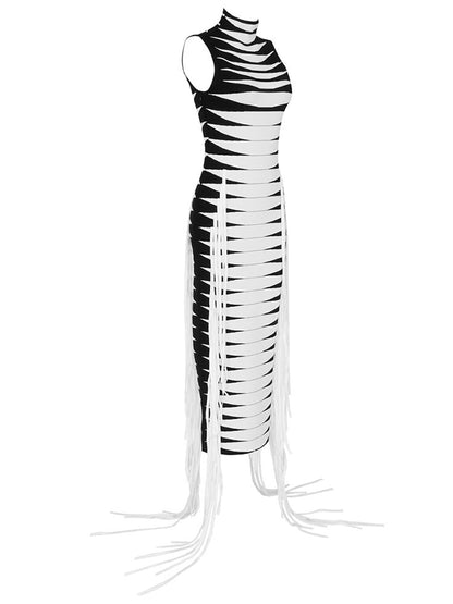 Mock Neck Sleeveless Graphic Stripe Side Fringe Bodycon Midi Dress