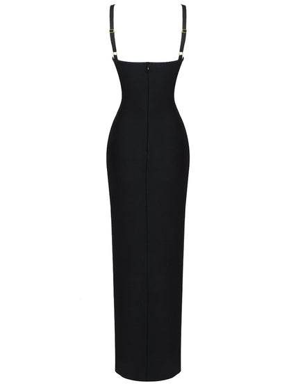 Spaghetti Strap Mesh Panel Cutout High Slit Bodycon Maxi Gown