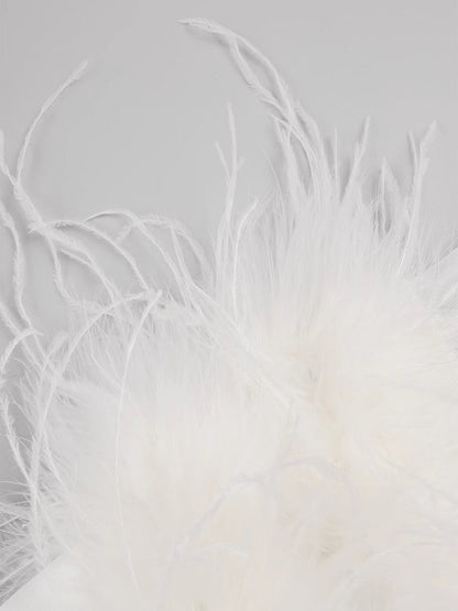 Off Shoulder Feather Trim Sheer Panel Tiered Calf Length Gown