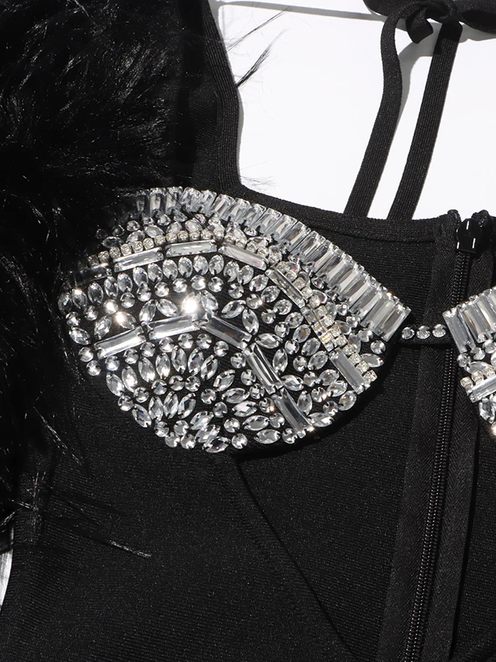 Halter Rhinestone Bust Triangle Cutout Faux Fur Sleeve Mini Dress