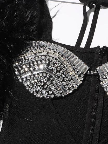 Halter Rhinestone Bust Triangle Cutout Faux Fur Sleeve Mini Dress