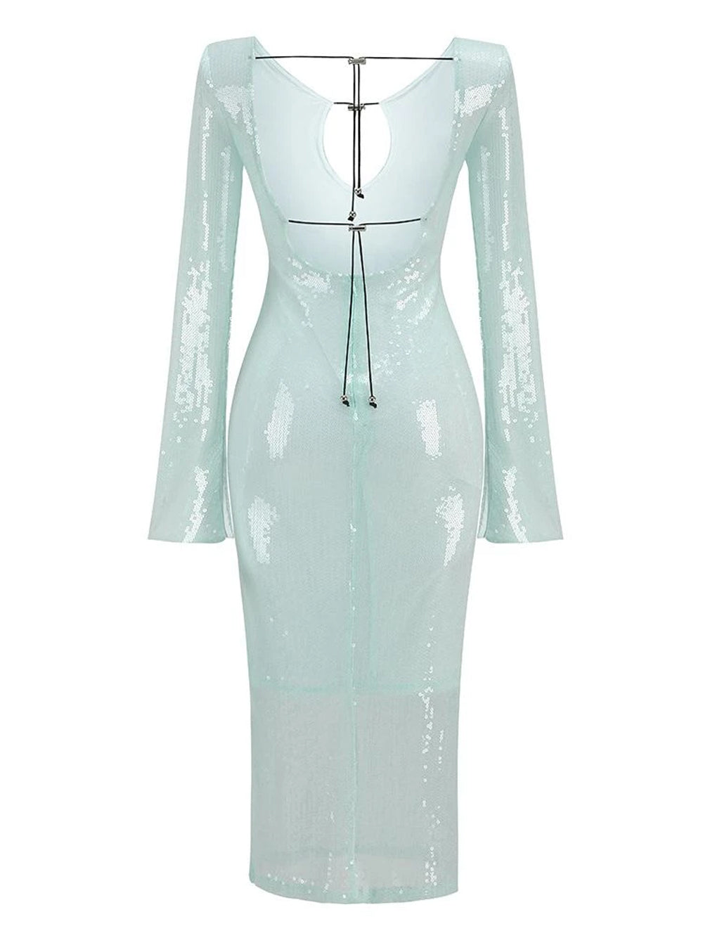 Plunging V Neck Cord Hardware Sequin Long Sleeve Maxi Dress