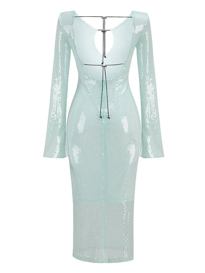 Plunging V Neck Cord Hardware Sequin Long Sleeve Maxi Dress