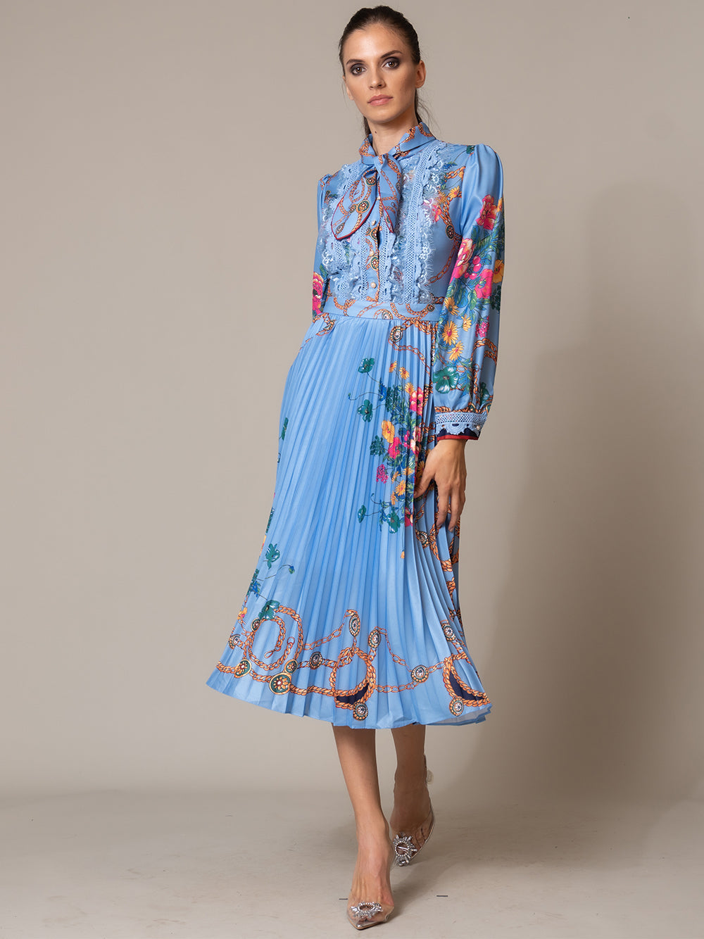 Bow Neck Lace Pearl Trim Accordion Pleat Chain Floral Maxi Dress